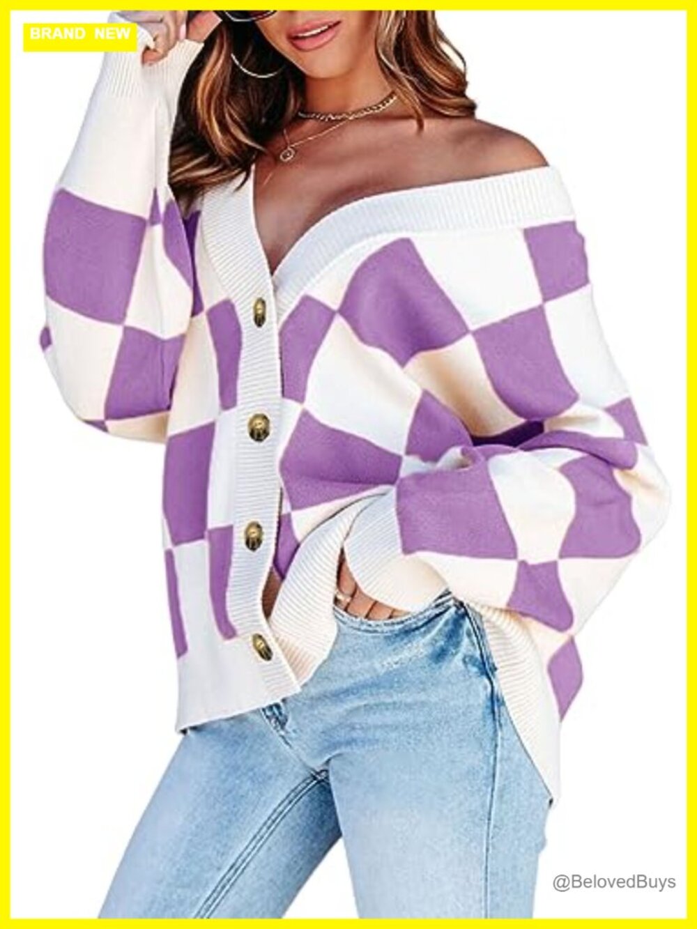 Womens Cable Knit Plaid Cardigan Button Down V Neck Long Sleeve Oversized